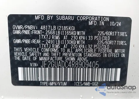 2024 Subaru Crosstrek Premium из США, поврежденный, VIN JF2GUADC4R8909405